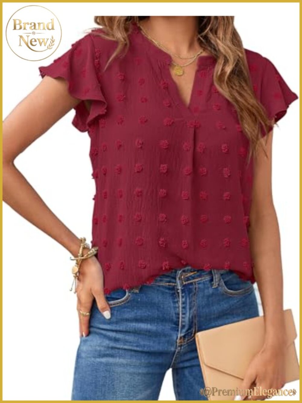 Womens Swiss Dot Ruffle Short Sleeve V Neck Blouse Casual Tunic Top